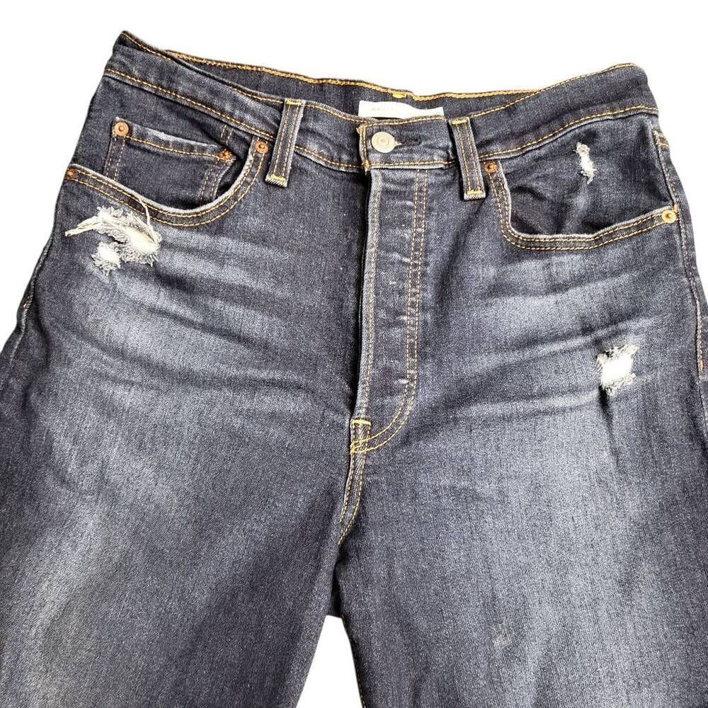 Levi's Ribcage Straight Ankle Buttonfly Ripped Torn Distressed Denim Blue Jeans - Picture 3 of 12